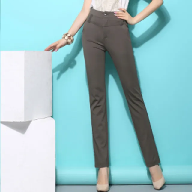 High Waist Stretch Straight leg Pants Trousers Dark Khaki - Shop at LoveMi