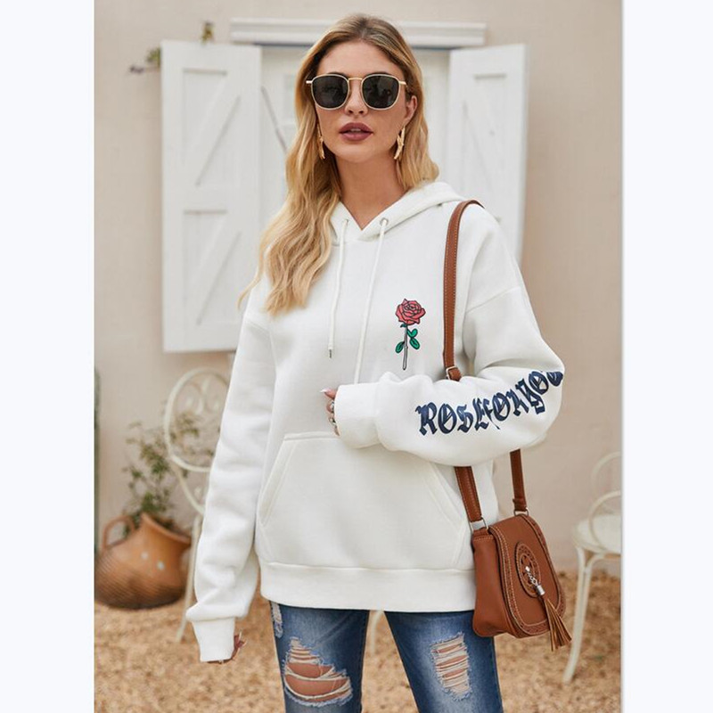 Casual Hooded Hoodie With Rose Print Pullover