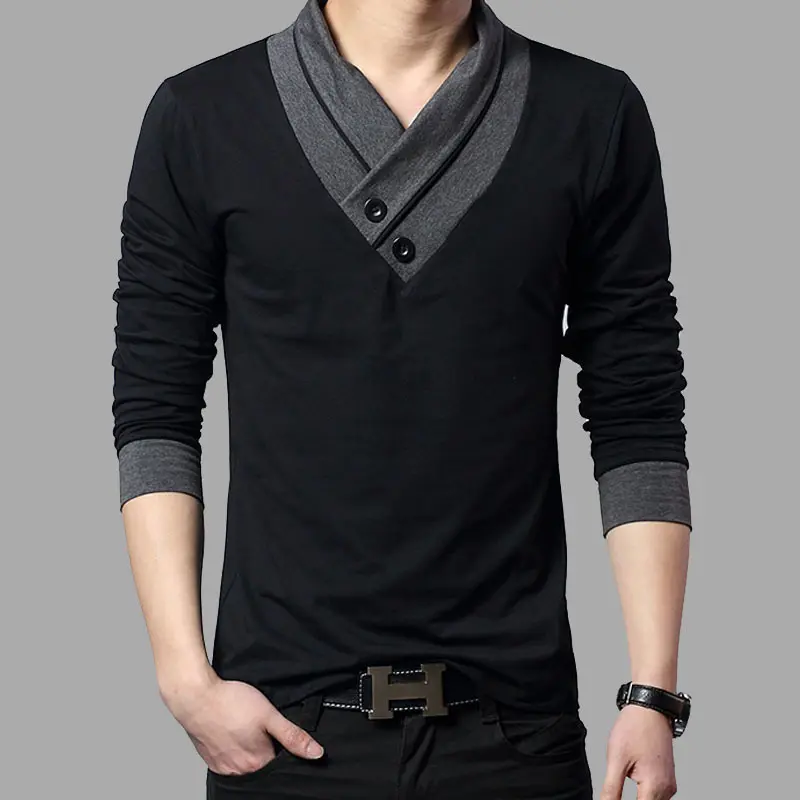 New Spring and Autumn Men's Long-Sleeved T-Shirt Clothes V-Neck