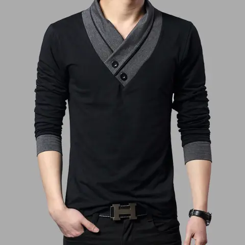 New Spring and Autumn Men's Long-Sleeved T-Shirt Clothes V-Neck