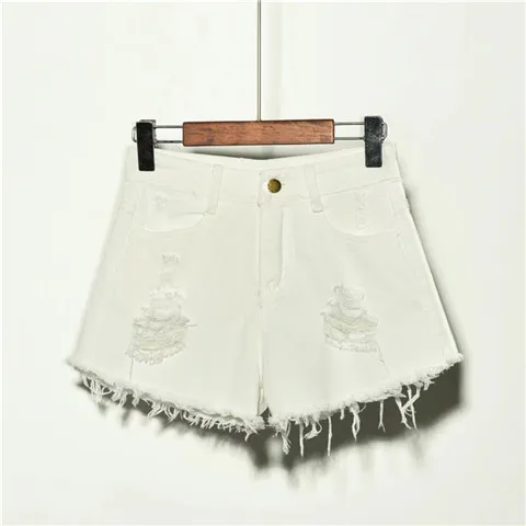 Holed Jeans Shorts Women's Loose And Thin Wide Leg Pants Hot Pants White - Shop at LoveMi