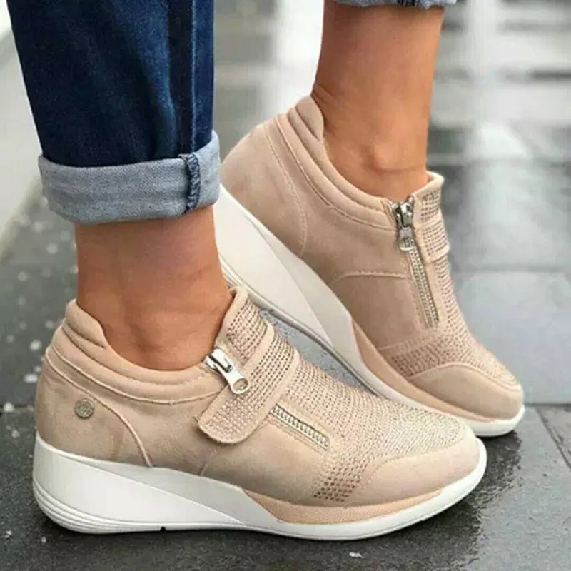 Velcro Plus Size Rhinestone Women's Shoes - Beige