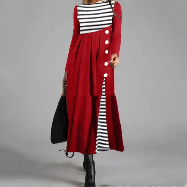 Fashion Retro Large Size Slim Hepburn Striped Dress Red - Shop at LoveMi