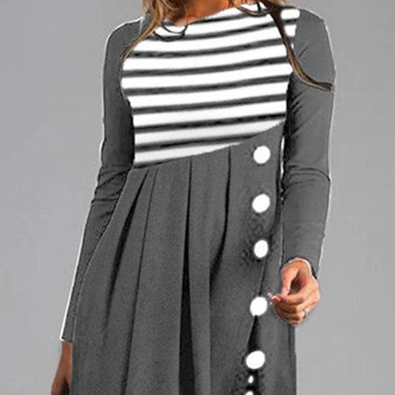Fashion Retro Large Size Slim Hepburn Striped Dress
