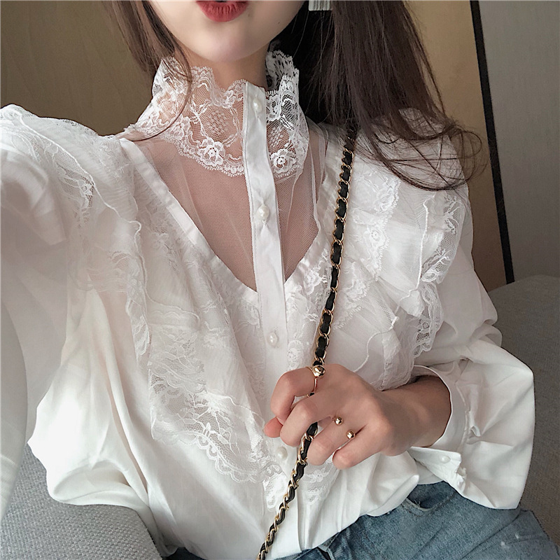 Vintage Sweet Age-Reducing Lace Ruffled Palace Style Shirt Topck)