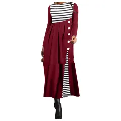 Fashion Retro Large Size Slim Hepburn Striped Dress - Wine Red - View 1
