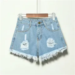Holed Jeans Shorts Women's Loose And Thin Wide Leg Pants Hot Pants - Blue - View 1