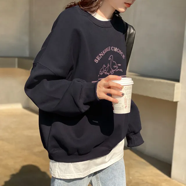 Lovely Cartoon Embroidered Sweatshirt Lady Add Velvet Black - Shop at LoveMi