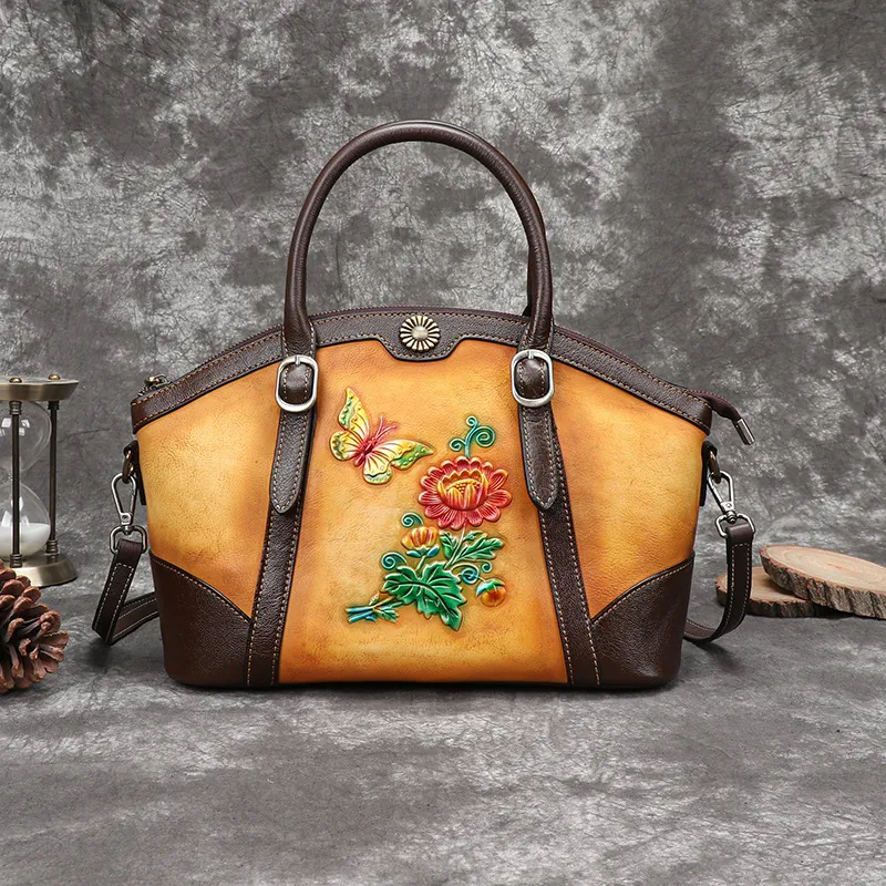 Hand-rubbed Three-dimensional Relief Retro Female Bag - Yellow