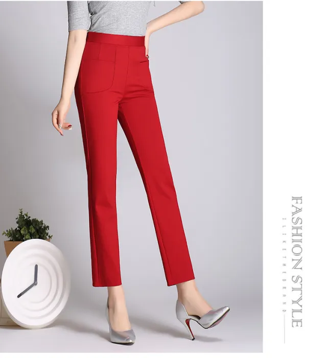 Thin Stretch Small Straight Leg Pants Plus Size Women's Pants Casual Pants All match Wine Red - Shop at LoveMi