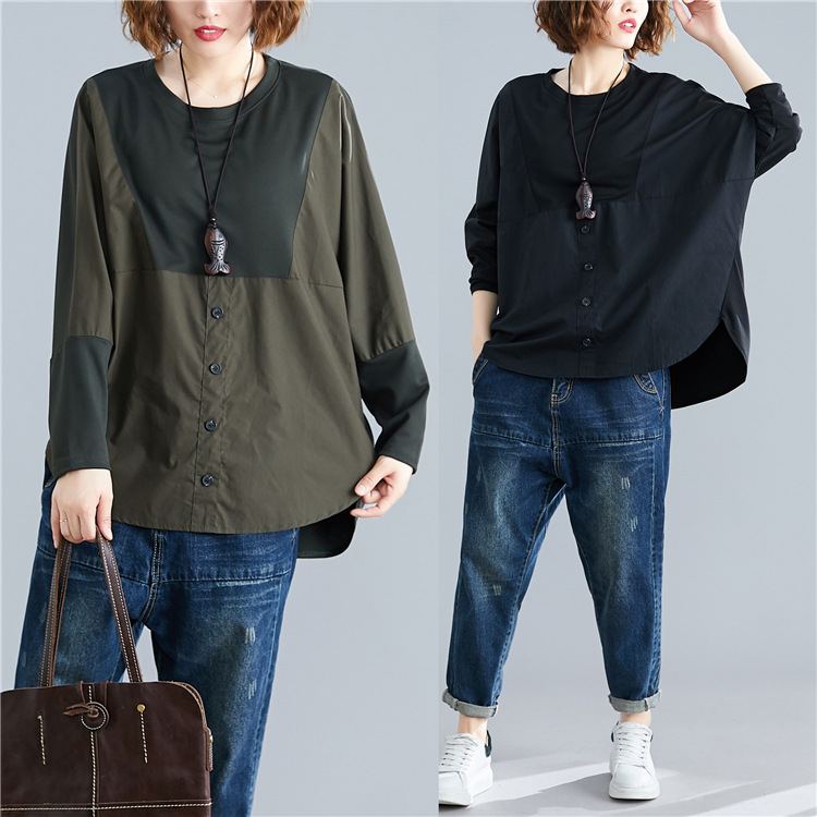 Stitching Casual Personality All-Match Blouse Retro Bat Sleeve Loose Large Size T-shirt