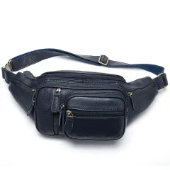 Oil Wax Leather Retro Cowhide Crossbody Chest Bag - Blue - View 1