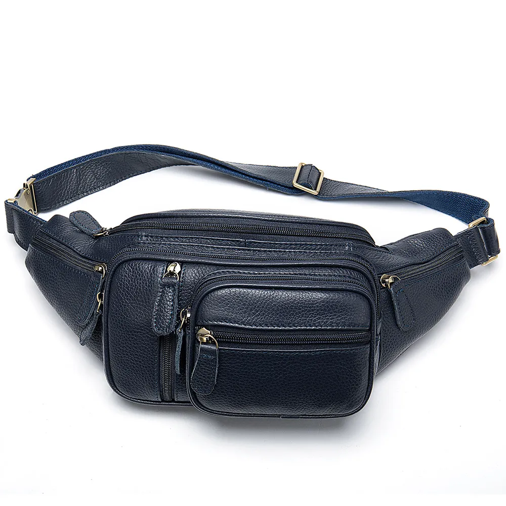 Oil Wax Leather Retro Cowhide Crossbody Chest Bag - Blue
