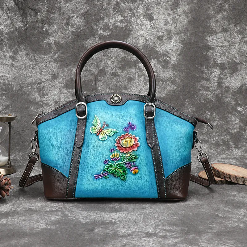 Hand-rubbed Three-dimensional Relief Retro Female Bag - Blue