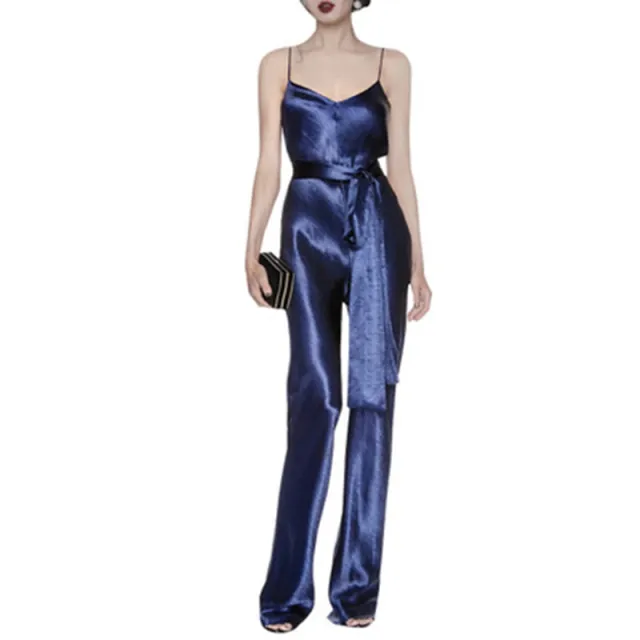 High waisted Satin Blue Suspender Jumpsuit Dark Blue - Shop at LoveMi