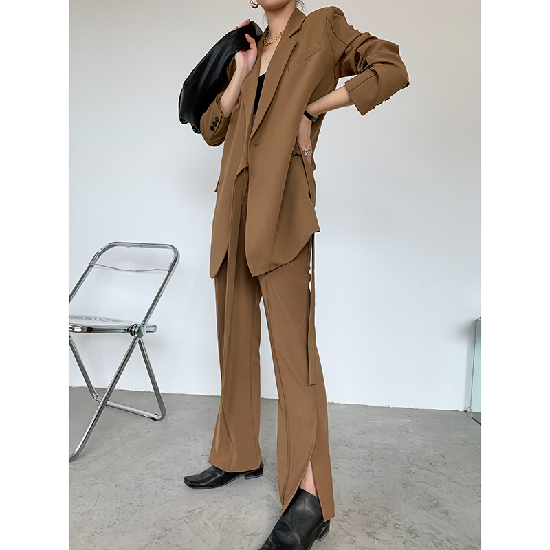 Design Sense Suit Women's Waist Tie-Up Suit Jacket Split Wide Leg Trousers Two-Piece Suit