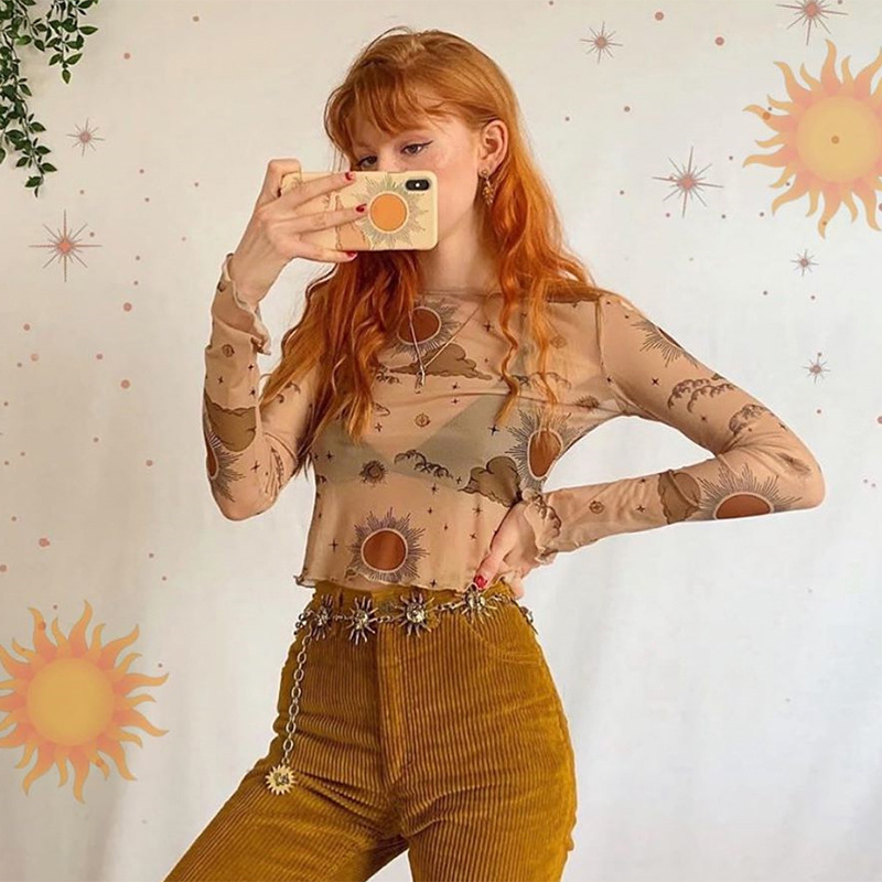 Personalized Star And Moon Printed Elastic Mesh T-shirt For Girls