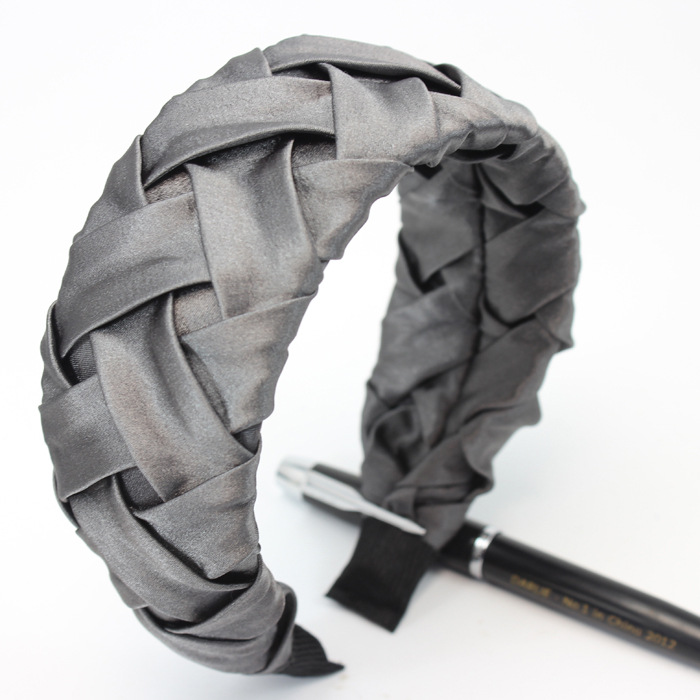 Faux Silk Plaid Satin Crumpled Solid Color Wide Brimmed Headband Grey - Shop at LoveMi