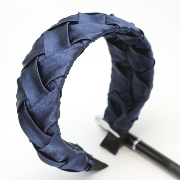 Faux Silk Plaid Satin Crumpled Solid Color Wide Brimmed Headband Navy Blue - Shop at LoveMi