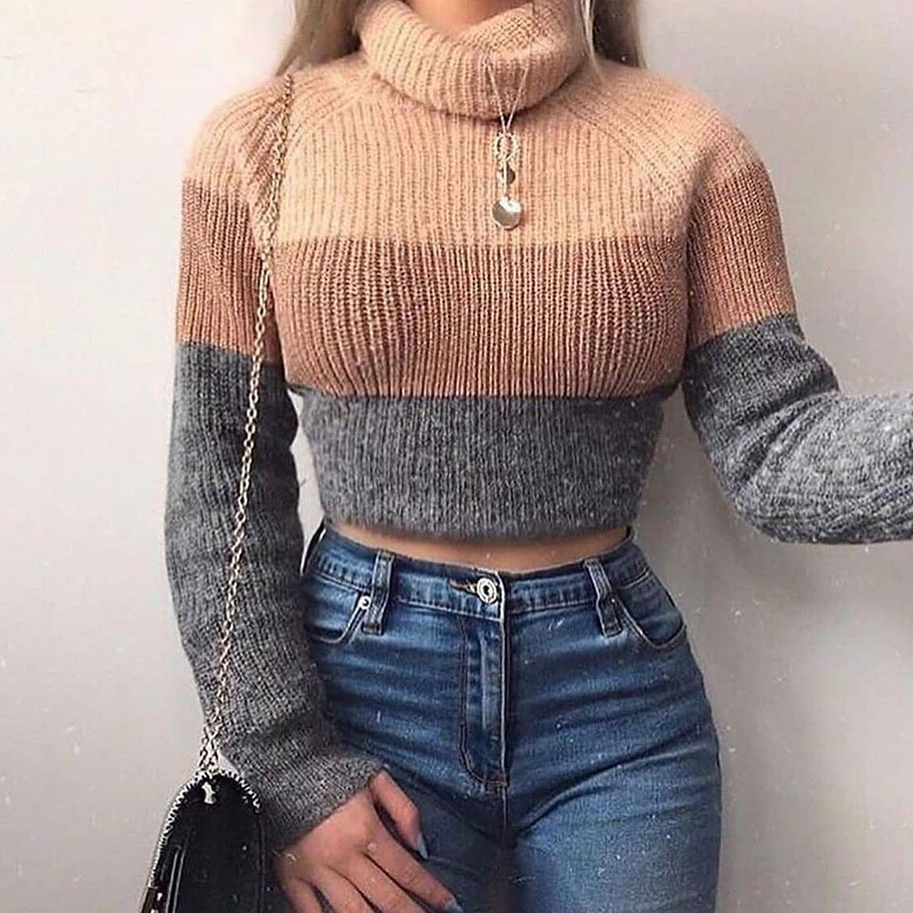 Knitted Women's Top High Neck T-shirt Sweater