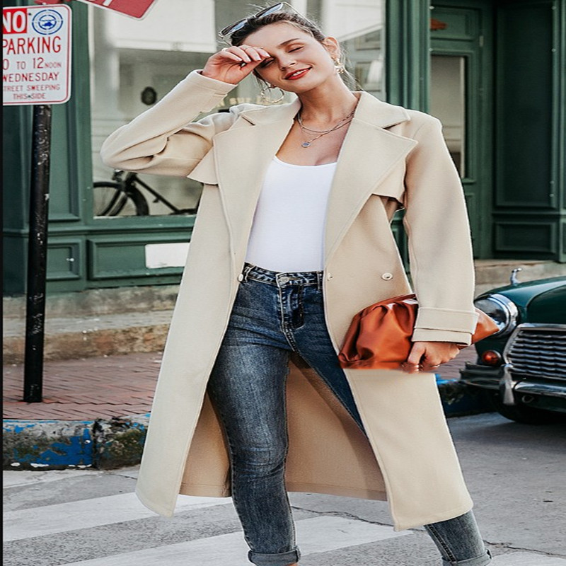 Ladies Solid Color Tie Suit Collar Woolen Coat