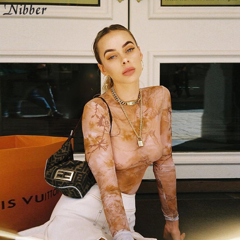 Women's Net Gauze Printed Wood Ear Blouse T-shirt