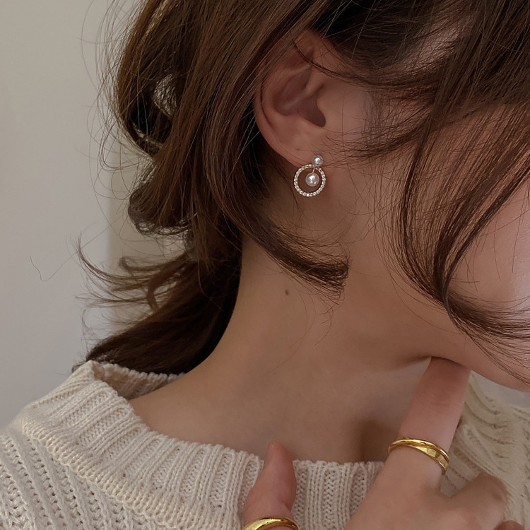 French Geometric Round Zircon Pearl Earrings