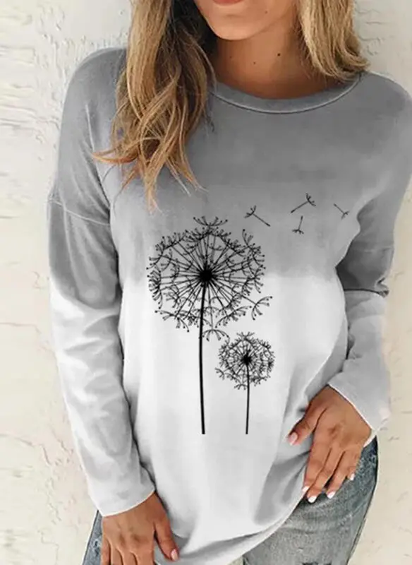 Tie Dye Gradient Dandelion Print Women's Round Neck Long Sleeve Top Grey - Shop at LoveMi