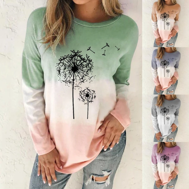 Tie-dye Graded Print Round Collar Loose Long-sleeved T-shirt