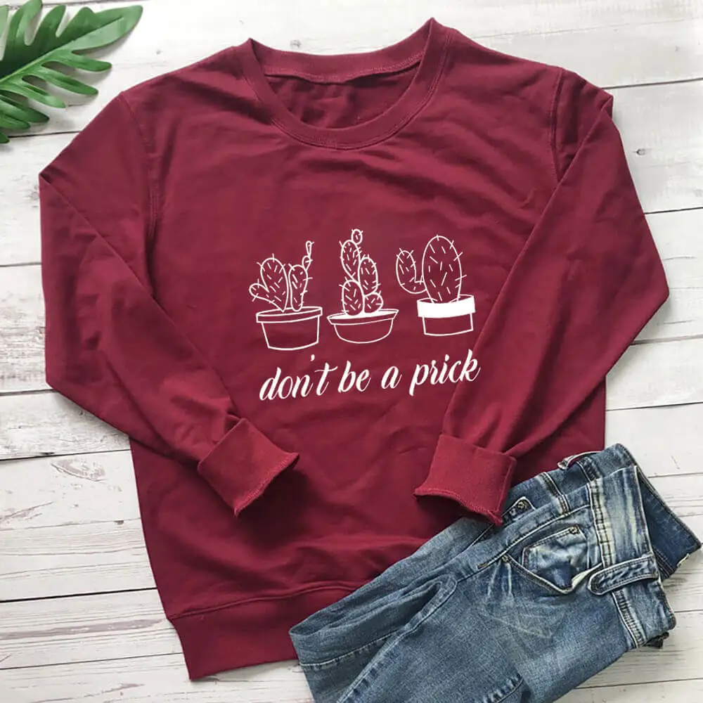 Cactus Print T-shirt Pullover Long Sleeve Round Neck Sweatshirt - Wine Red