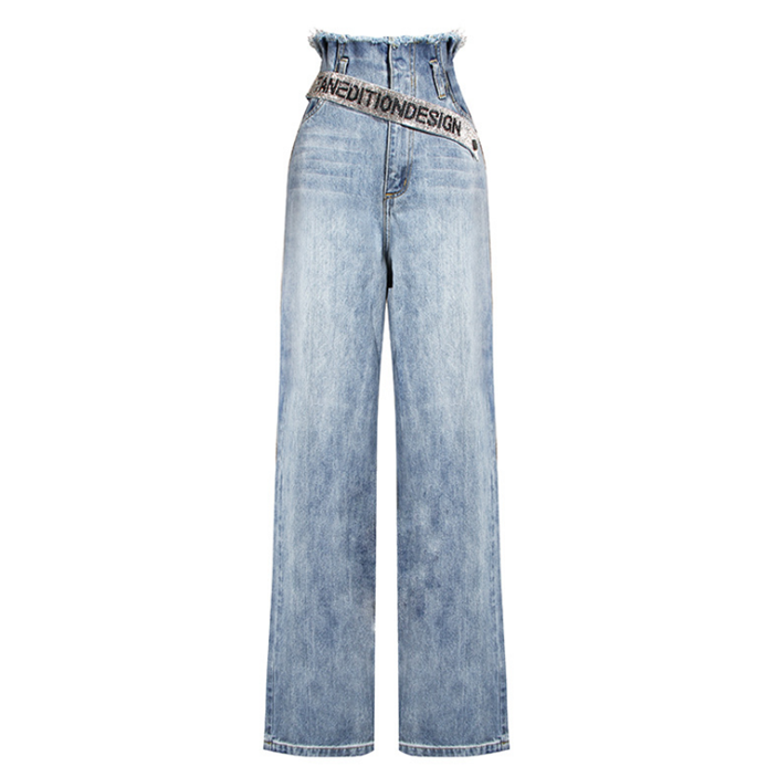 New Korean Ladies Rhinestone Letter Belt High Waist Big Long Legs Blue - Shop at LoveMi