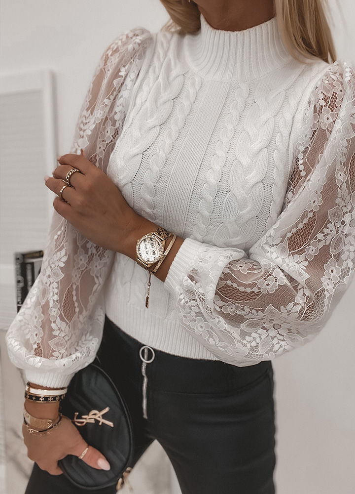 Jacquard Lace Lantern Sleeve Knitted Sweater