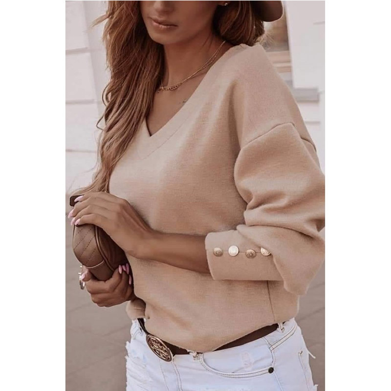 Solid Color Button Long Sleeve V-neck T-shirt Women
