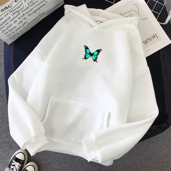 Hooded Sweater Butterfly Print T shirt Pattern White - Shop at LoveMi
