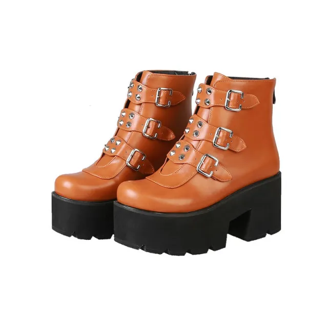 Belt Buckle Side Zipper High Heel Stage Boots Platform Shoes Brown - Shop at LoveMi
