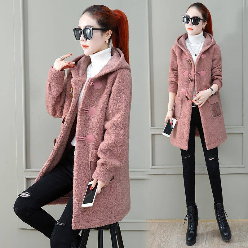 Plush Faux Lamb Wool Mid length Woolen Coat Pink - Shop at LoveMi