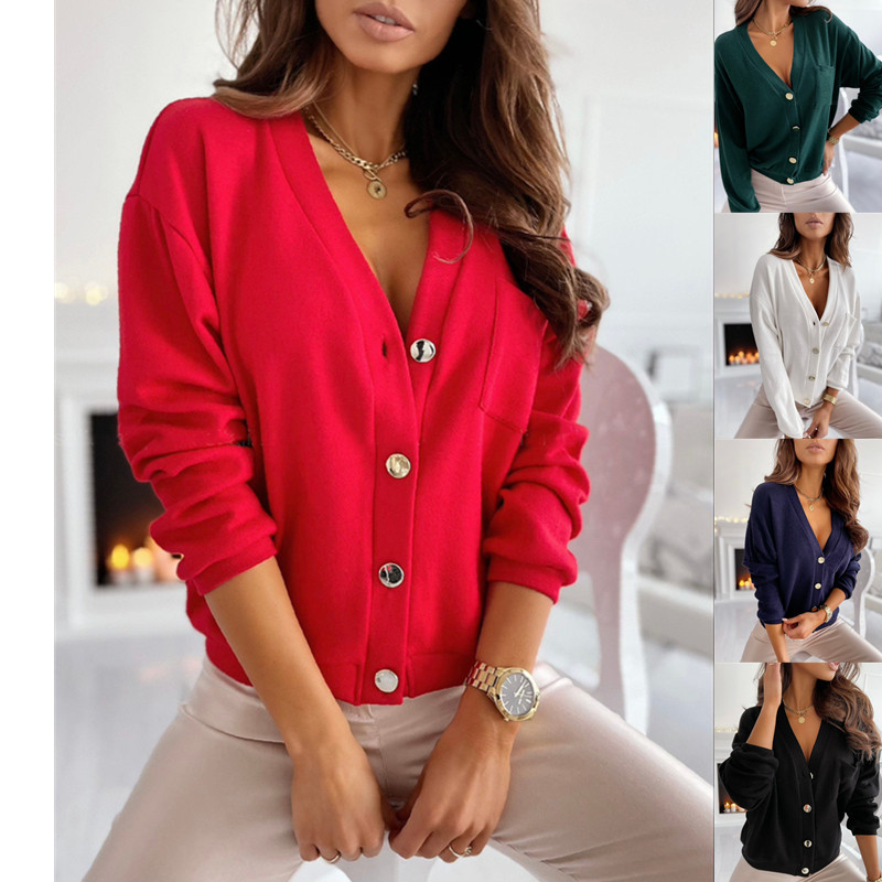Women's Long Sleeve V-neck Button Bottoming Top