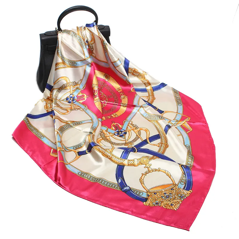 Imitation Silk Scarf Women Classic Belt Printing - Rose Red