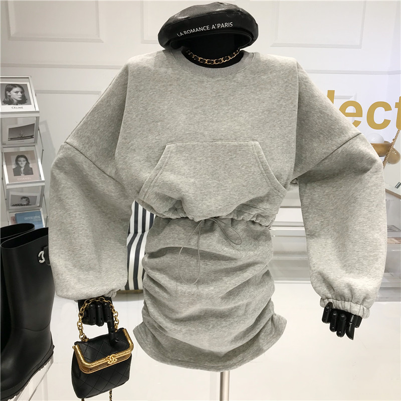 Two-piece Pleated Skirt With Drawstring and Velvet Sweater