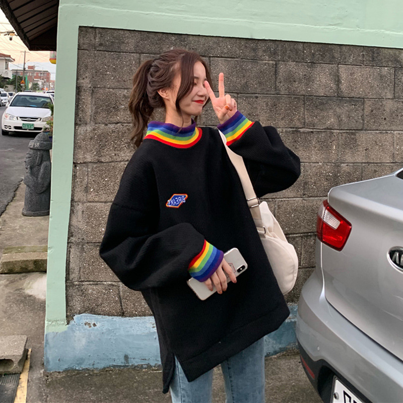 New Korean Style Loose Rainbow Half High Collar Thin Coat