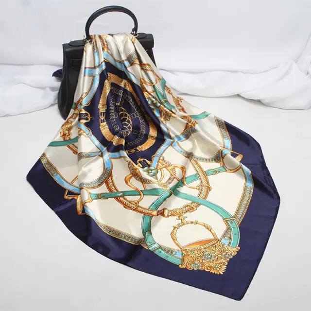 Imitation Silk Scarf Women Classic Belt Printing Navy Blue - Shop at LoveMi