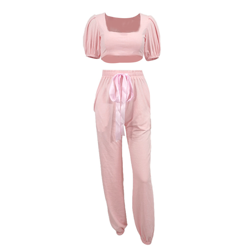 Fashion Square Neck Puff Sleeve Short Top With Lace Trousers