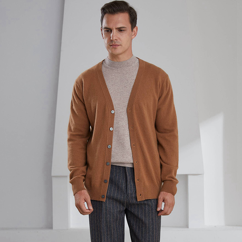V-neck Cashmere Cardigan Men's Solid Color Sweater