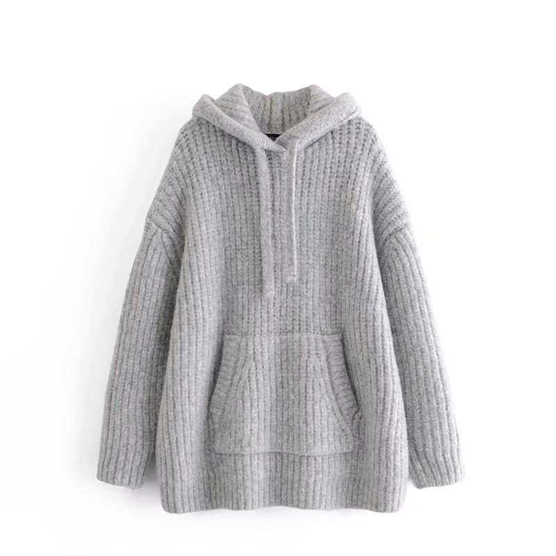 Fashion Solid Color Knitted Loose Casual Hooded Sweater