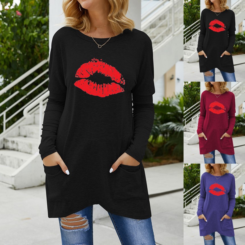 Long Sleeve Loose Casual Round Neck Pocket Lip Print T-Shirt Women