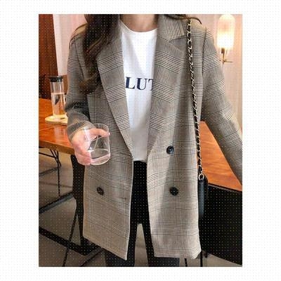 Office Ldies Notcd Collr Plid Wo Blzer Double Brested Autumn