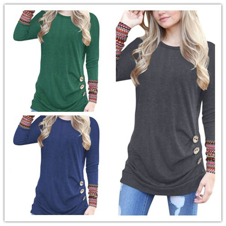 Printed Stitching Long Sleeve Button Irregular T-Shirt