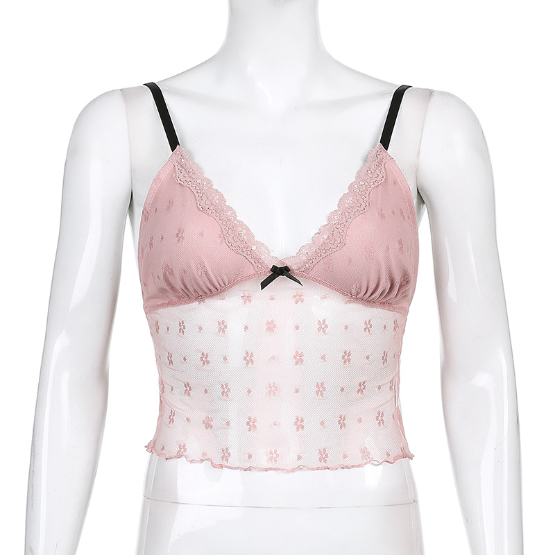 Sexy Hit Color Bow Lace Mesh V-neck Camisole