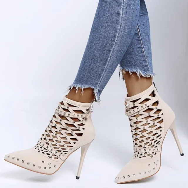 Hollow Rivet Suede High Heels With Pointed Toes White - Shop at LoveMi