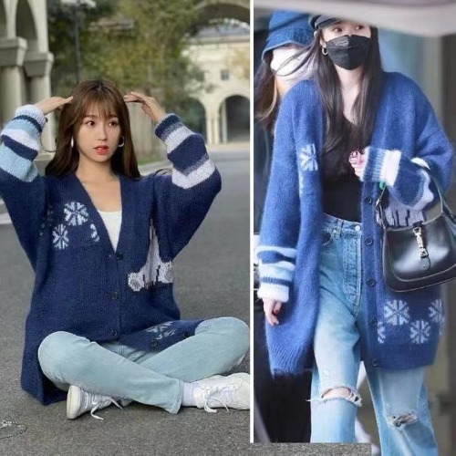 Mid-Length Snowflake Bear Knitted Cardigan Sweater